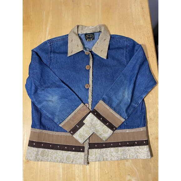Allure Womens Jean Jacket Light Denim Vibrant Embellished on Back SZ M 21pit2pit - Picture 2 of 6